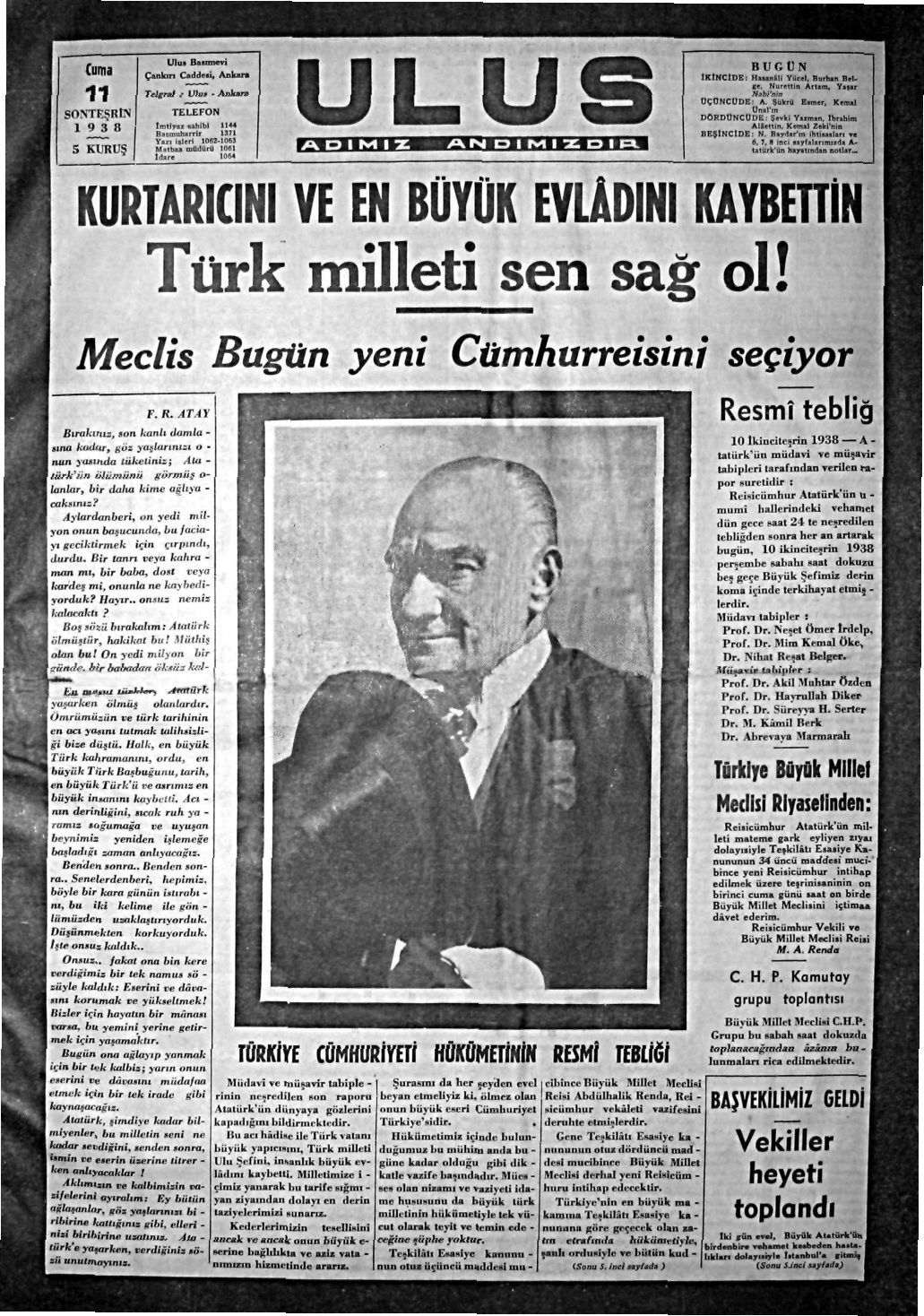 İşte 11 Kasım 1938 Günü Gazete Manşetleri